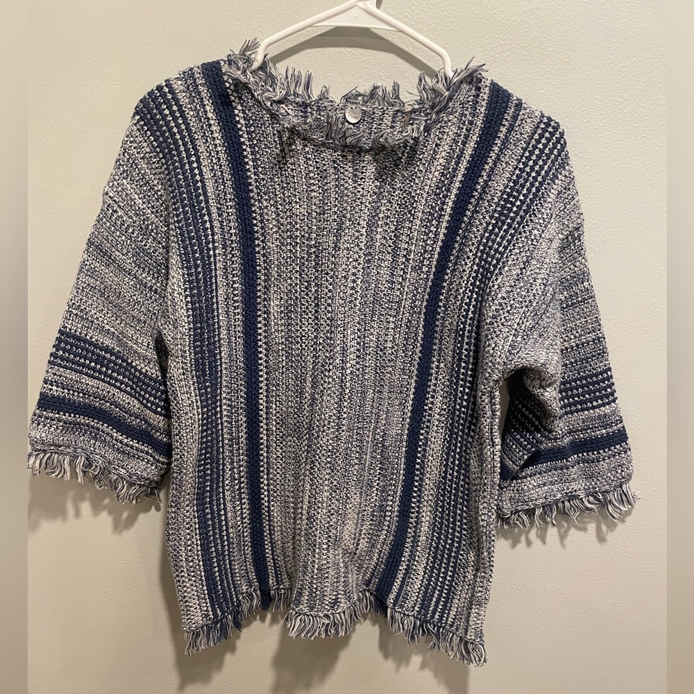 Margaret O’Leary Women’s Knit Blue White Fringe Edge 3/4 Sleeve Size XS